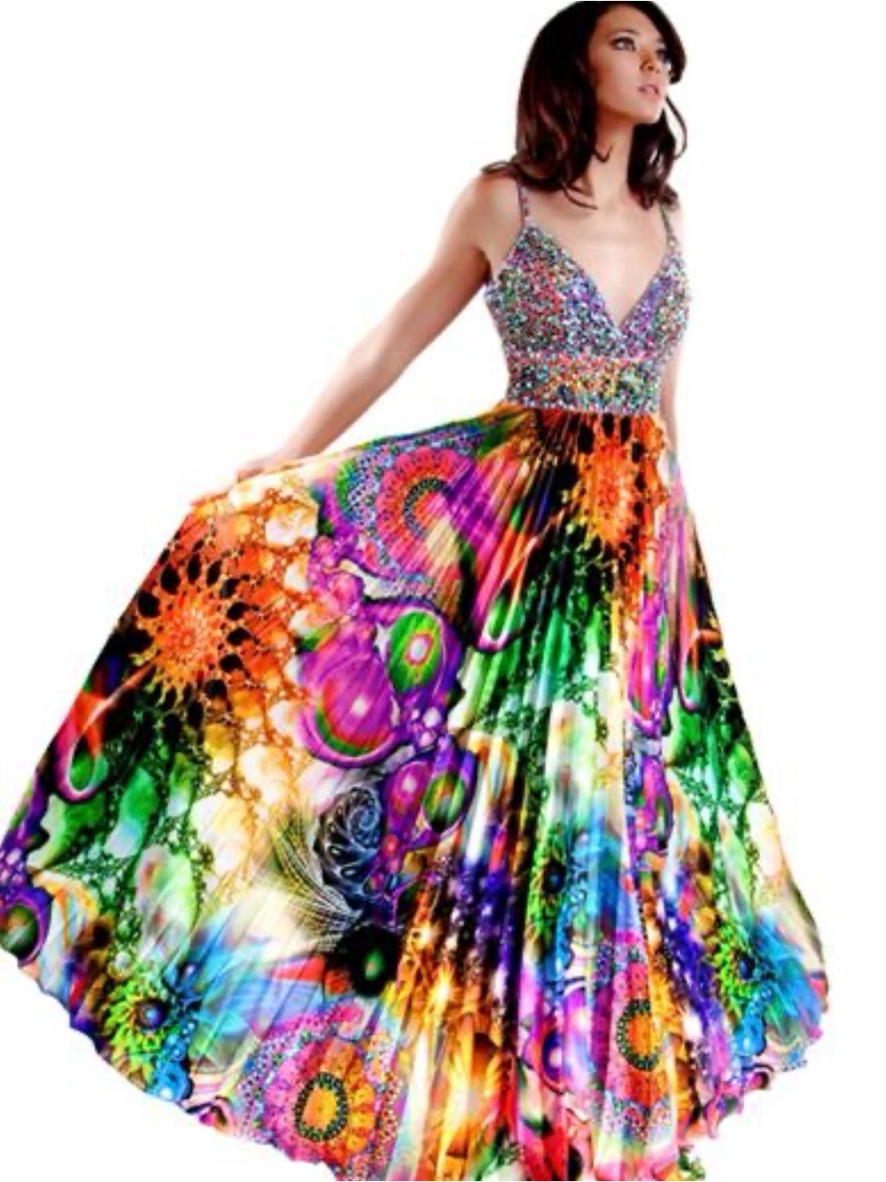 Cinderella Multicolor Beaded Bodice Pleated Skirt Formal Prom Maxi Dress, Sz 10